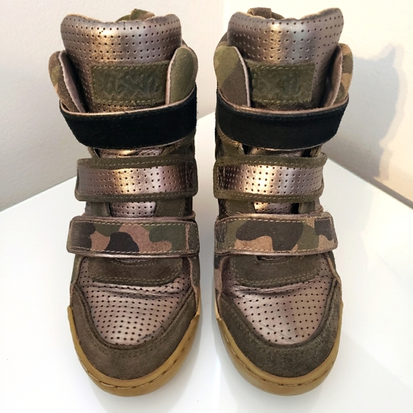 Ash Platform Trainer Army Green Gold Metallic Suede Velcro Closure Woman 38 EUC - Picture 2 of 9